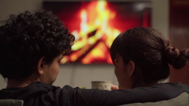 Couple embracing while watching fireplace on TV and drinking hot tea at home