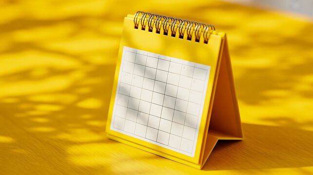 Spiral calendar standing on a table with warm golden sunlight and shadows
