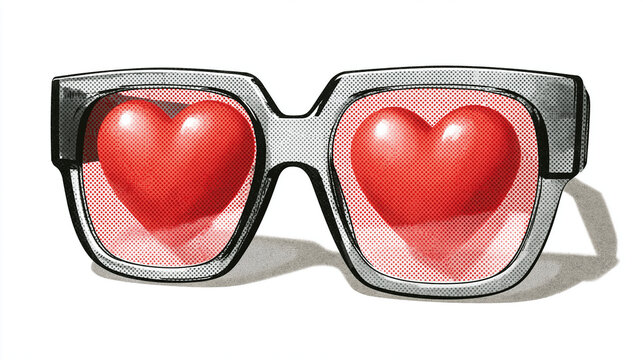 Heart-Shaped View: A pair of eyeglasses frames a romantic vision, with two bright red hearts reflected in the lenses, symbolizing love and affection.
