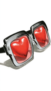Love Through Rose-Tinted Lenses: A pair of stylish sunglasses reflects two vibrant red hearts, symbolizing seeing the world through the lens of love and affection.