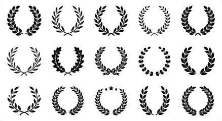 Black silhouette laurel wreath collection with olive branch and award frames for diploma crest design vector graphic