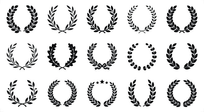 Black silhouette laurel wreath collection with olive branch and award frames for diploma crest design vector graphic