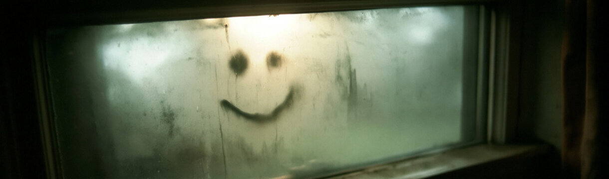 Smiley Face on Steamy Window: A whimsical smiley face drawn on a fogged-up window evokes a sense of playful optimism amidst an otherwise subdued atmosphere.