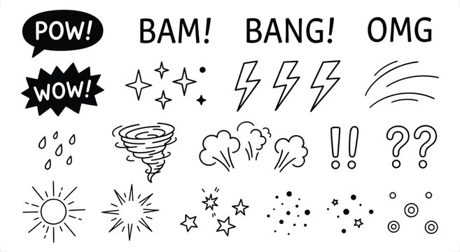 Comic book sound effects and action symbols doodle set featuring text bubbles for graphic design projects