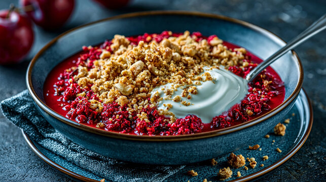 Berry crumble dessert in a blue bowl with creamy topping granola crunch fruit dessert