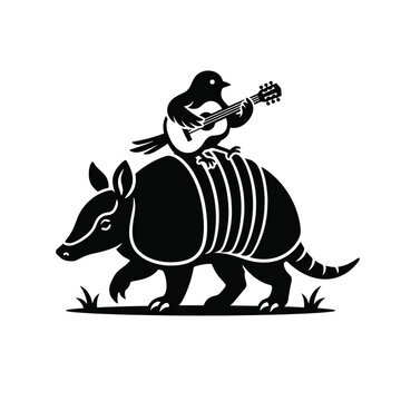 Armadillo with a bird playing guitar silhouette illustration for creative design projects.