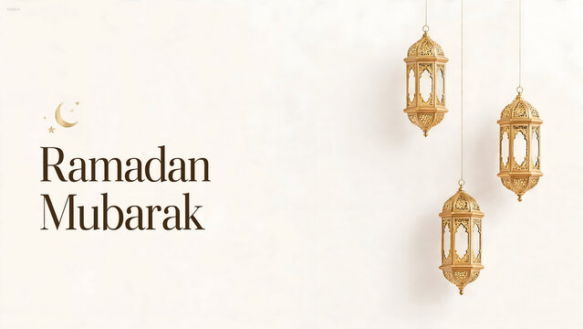 Elegant Ramadan Mubarak Greeting with Golden Crescent Moon and Islamic Lanterns