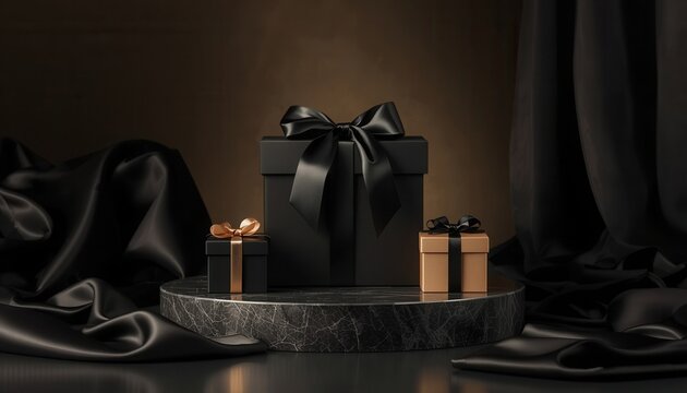 Luxurious Black Gift Boxes on Marble Pedestal: Three elegant gift boxes, one large and two small, are meticulously arranged on a sophisticated marble pedestal, draped with rich black silk fabric.