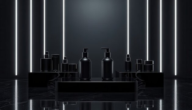 Sleek Skincare Collection: A modern collection of dark, minimalist skincare bottles and jars are artfully arranged on reflective surfaces, illuminated by dramatic vertical white lights.