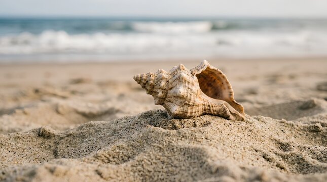 Large spiral seashell resting on sandy beach with blurred ocean waves in background, side view captured in soft natural daylight, coastal nature detail photography