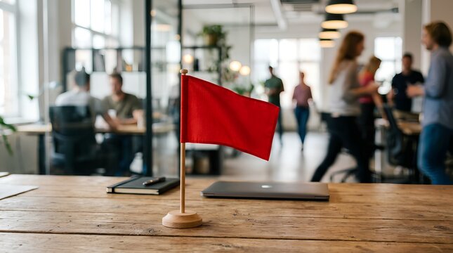 Red flag on wooden desk in modern office with blurred colleagues working in background, warning concept for business risks and potential problems, shallow depth of field, horizontal composition