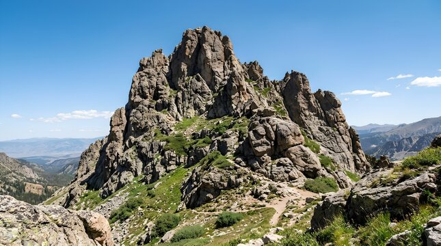 Rugged mountain rock formation with textured boulders, patches of green grass, natural daylight, clear blue sky, panoramic alpine landscape, hiking trail, scenic outdoor wilderness