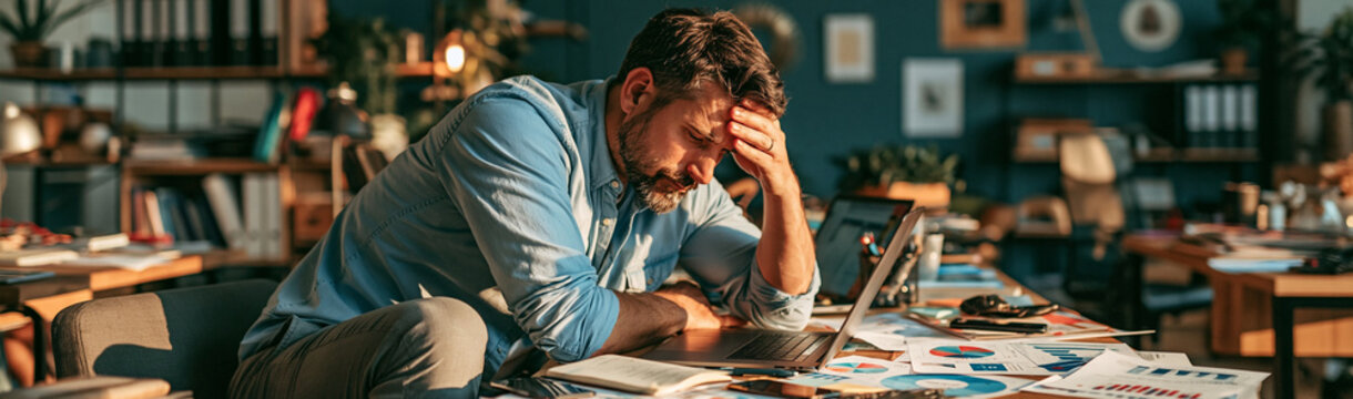 Frustrated Entrepreneur: A man in his office, overwhelmed with work, rests his head in his hand, feeling defeated and stressed by the mounting pressure of his business.