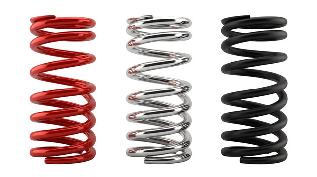 Metal coil springs featuring red chrome and matte black finish standing in a professional row arrangement for industrial engineering applications captured on transparent background