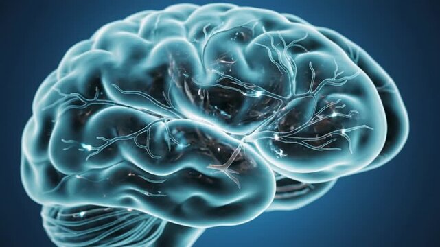 Glowing transparent human brain model rotating on blue background medical research science neurology concept