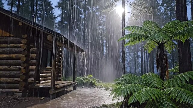 Heavy rain falling on a rustic log cabin in a dense forest with ferns and sunlight breaking through trees