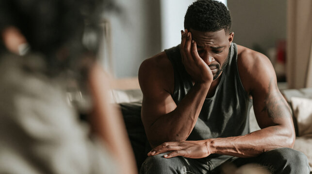 Struggling in Silence: A man sits slumped, head in hand, overwhelmed by inner turmoil and facing a challenging personal moment.