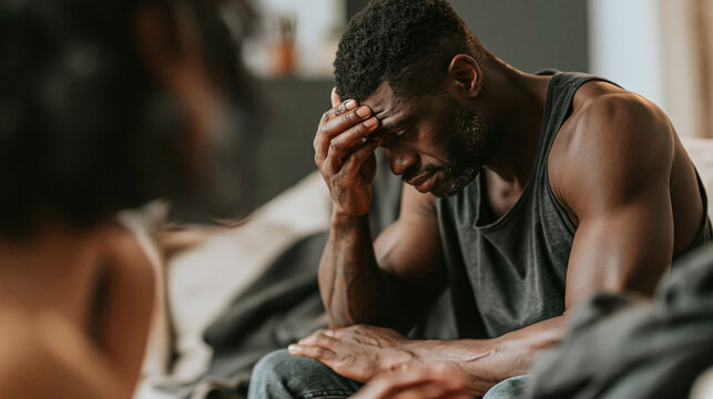 Heartbroken man: A man sits looking distressed and defeated, with his head in his hand, in a dimly lit room. The emotion conveyed is despair and intense sadness.