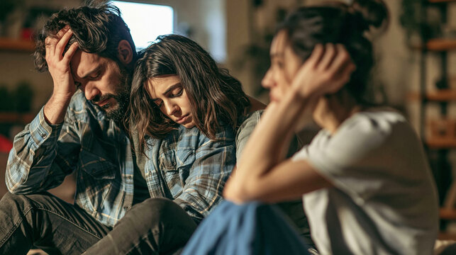Grief and Despair: Three individuals sit in somber reflection, their faces etched with sorrow and anguish, as they navigate a shared moment of profound sadness.