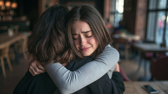 Comfort in Grief: A young woman finds solace in the embrace of another, her face etched with tears as she experiences deep sadness and emotional pain.