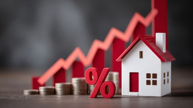 Mortgage refinance concept with red house, percent symbol and downward mortgage rate chart representing lower interest rates, home loan savings, financial market trends, property investment and housin