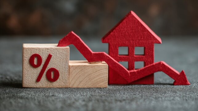 Mortgage refinance concept with red house, percent symbol and downward mortgage rate chart representing lower interest rates, home loan savings, financial market trends, property investment and housin