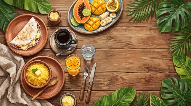 Traditional Brazilian Breakfast with Tapioca and Couscous on a Rustic Wooden Table