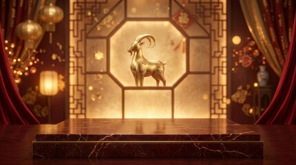 Fototapeta premium Golden Goat Statue in Traditional Chinese Festive Interior
