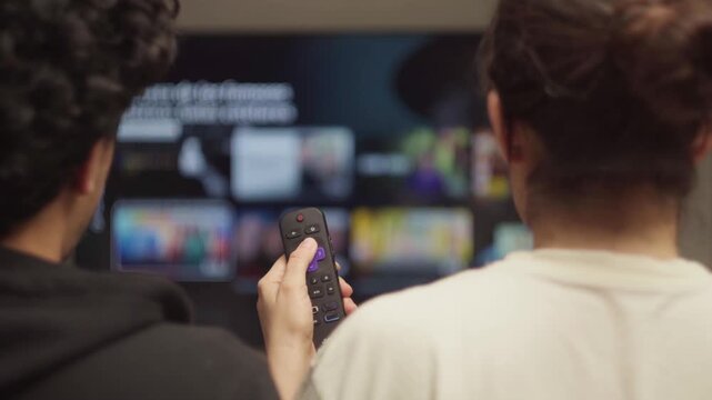 Couple browsing streaming service on smart TV with remote control choosing movie for home night