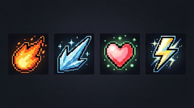 Colorful pixel art magic icons depicting fire ice heart and lightning