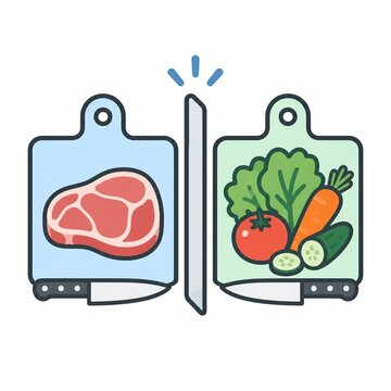 Two cutting boards separating raw meat from fresh vegetables with knives, avoiding cross contamination concept icon