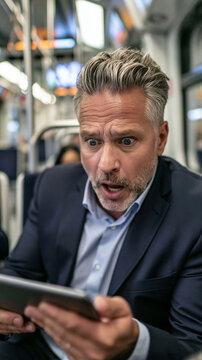 Shocked commuter on public transport: A middle-aged businessman with a startled expression stares at his tablet while riding on a crowded train.