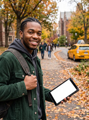 Fototapeta premium smiling african american male student holding tablet with blank white mockup screen on autumn street near college campus showing mobile application presentation template for education