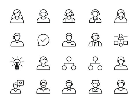 Set of user profile and business avatar line icons representing people, roles, and team concepts on transparent background
