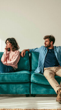 Relationship Strife: A couple sits apart on a vibrant teal sofa, their body language conveying emotional distance and unspoken tension. The woman gazes away, lost in thought.