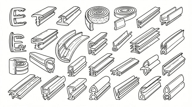 Window Rubber Gasket Weatherstripping Line Art Doodle Graphic Collection Hand Drawn E Shaped Seal T Groove Foam Strip Silicone Profile Black Ink Strictly Textless White Background Asset Stock