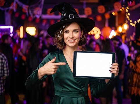 woman in witch hat holding tablet with white screen