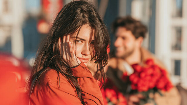 Sadness Between Lovers: A woman, looking distraught, sits with her hand on her face as a man in the background holds a bouquet of red roses.