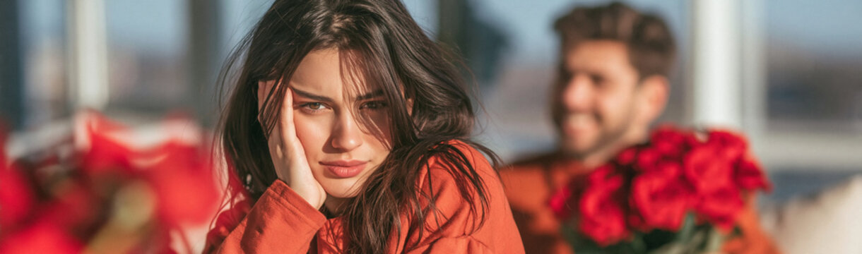 Sadness Between Lovers: A woman displays profound sadness and frustration, her hand supporting her face, while a man in the background, adorned with red roses, appears oblivious or unconcerned.
