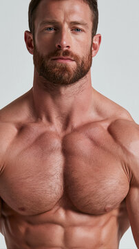 Muscular Man's Chest: A close-up portrait of a fit and muscular man showcasing his defined chest and abs, exuding strength and vitality.