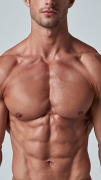 Muscular Torso: A close-up of a powerfully built male torso, showcasing defined abdominal muscles and a well-developed chest, highlighting the result of intense physical training and dedication.