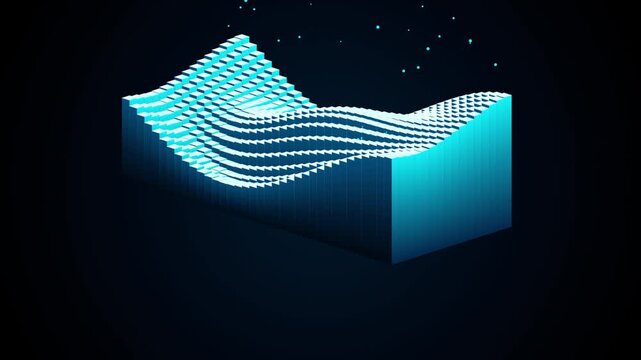 Abstract 3d digital data visualization with glowing blue pixelated wave structure against dark space