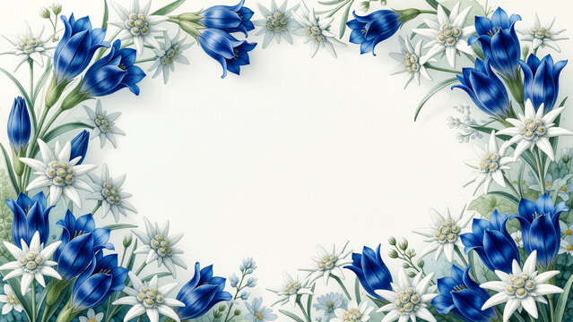 Watercolor alpine meadow floral border with open center
