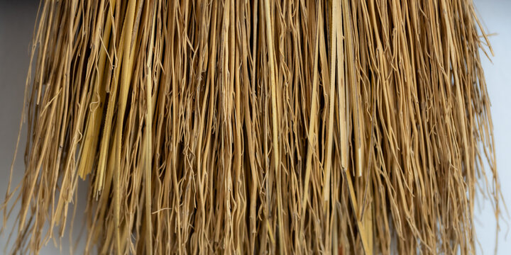 Abstract close-up of a rustic broom texture. dense, golden-brown natural plant fibers in a layered, vertical pattern. background banner