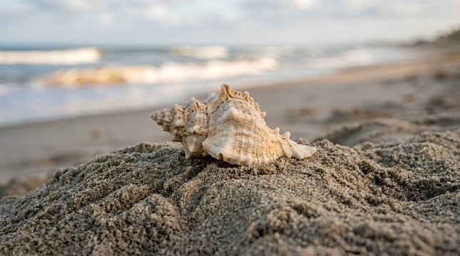 Spiked seashell resting on a textured pile of sand at the beach, side view, with soft natural light, blurred ocean and sky background, tranquil coastal scenery