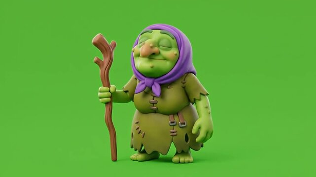 Halloween 3d cartoon witch character poses on green background