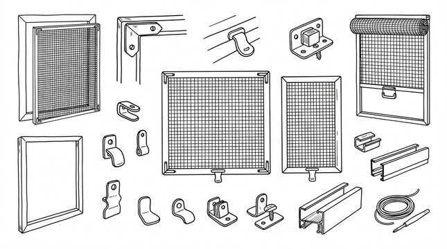 Window Insect Screen Mesh Frame Hand Drawn Line Art Doodle Pack Fiberglass Mesh Pull Tab Metal Corner Bracket Magnetic Clip Roll Up Fly Screen Contour Retro Style Strictly Textless White Stock