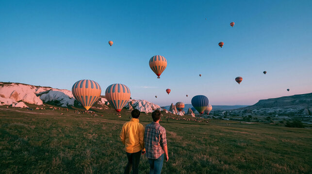 A Pair of Travelers Admiring Hot Air Balloons at Sunrise
