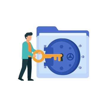 Man inserting large gold key into digital folder vault security concept