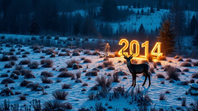 Winter landscape with deer and glowing 2014 numbers at dusk